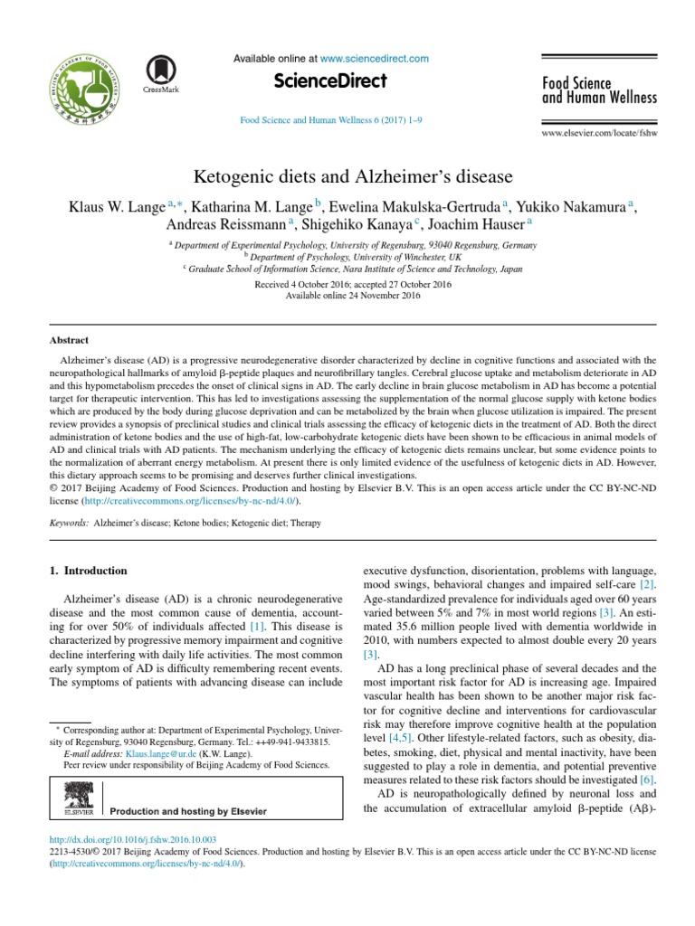 Ketogenic Diets and Alzheimers Disease PDF Ketosis Ketogenic Diet