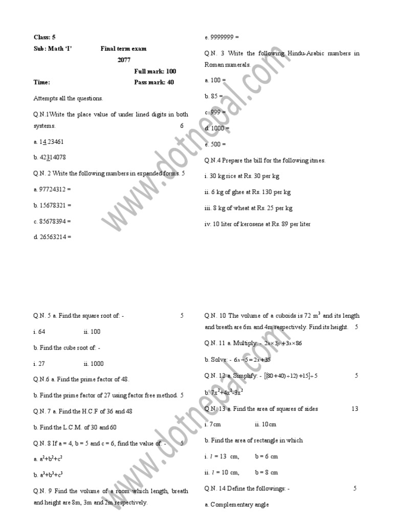 Class 5 math question pdf mathematics elementary mathematics