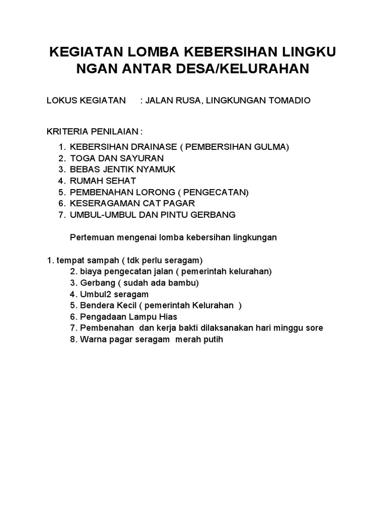 Lomba Kebersihan Lingkungan Antar Desa Pdf