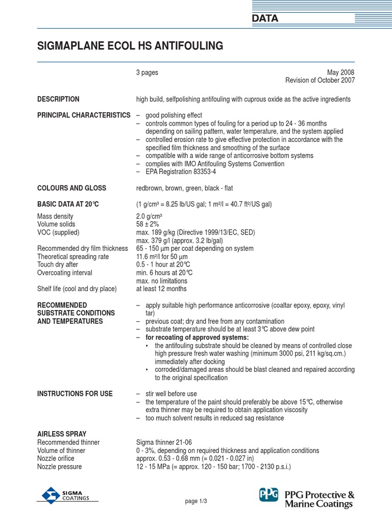 SigmaPlane Ecol HS Antifouling PDF | PDF | Paint | Safety