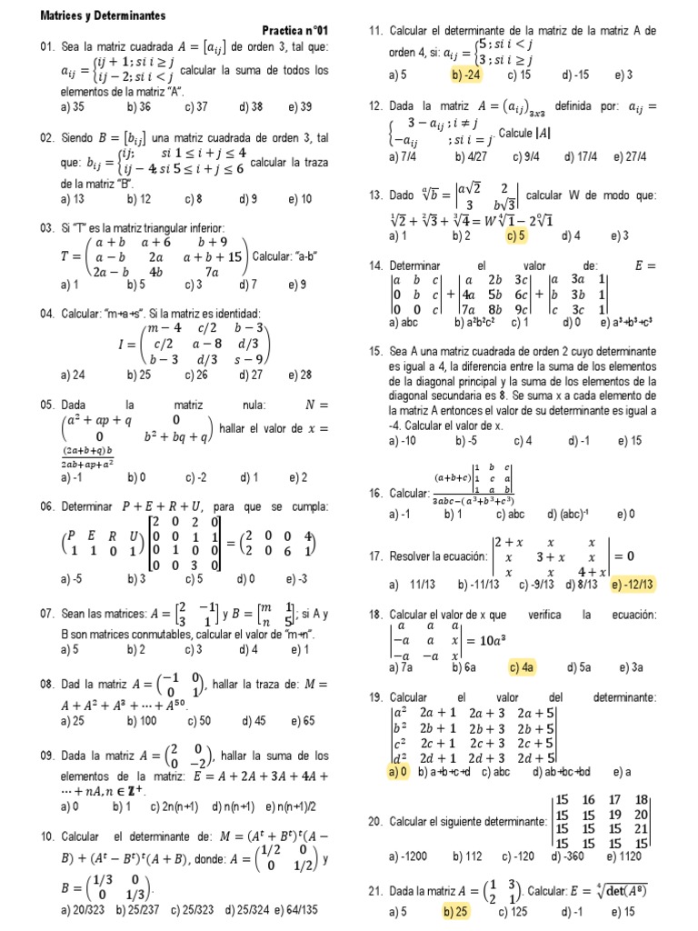 ALGEBRA - Matrices y Determinantes PDF | PDF | Determinante | Matriz ...