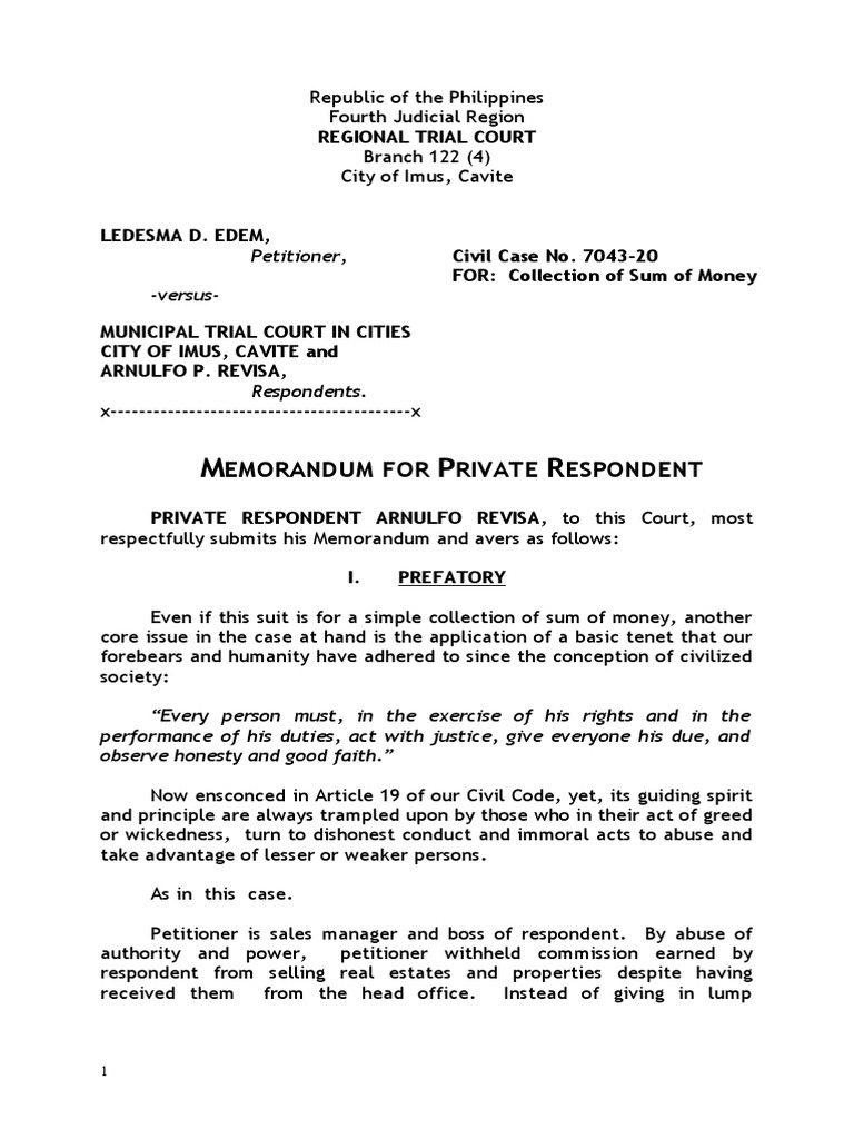 MEMORANDUM REVISA v. EDEM | PDF | Judgment (Law) | Lawsuit