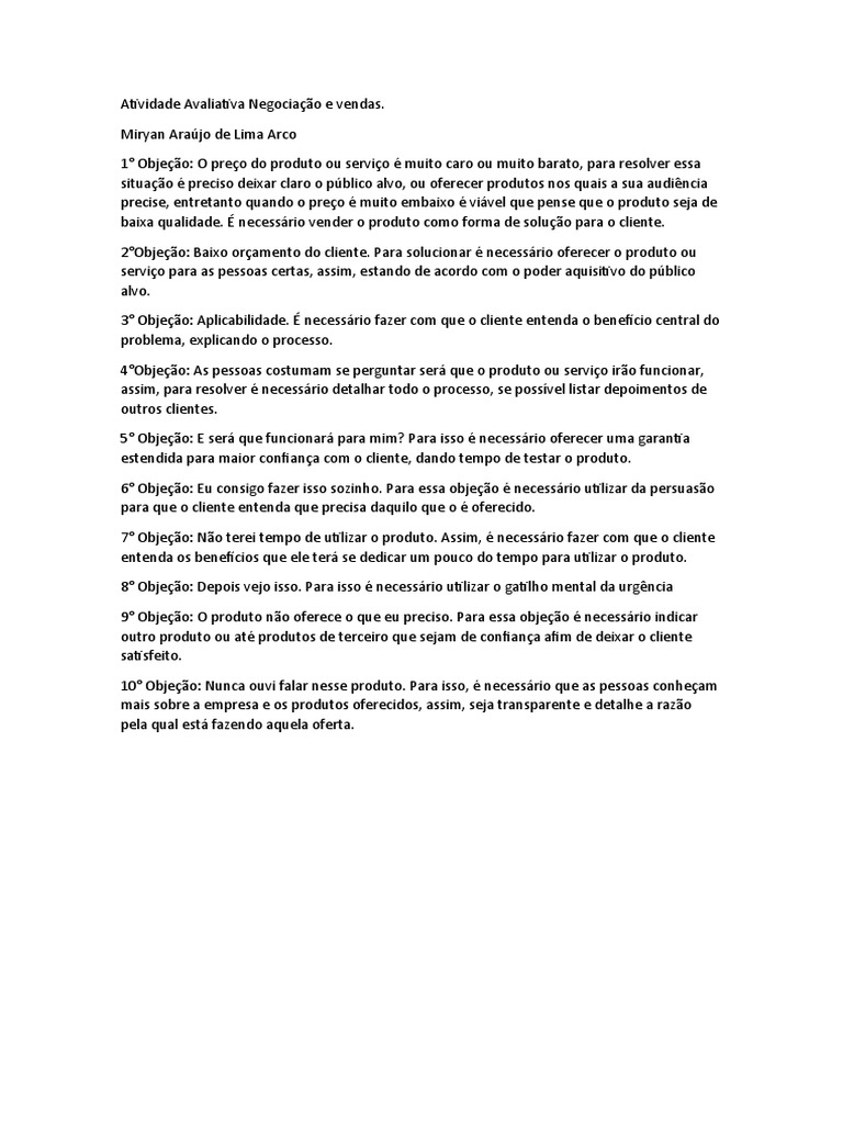 Atividade Avaliativa Negociação e Vendas | PDF | Carreira e Crescimento