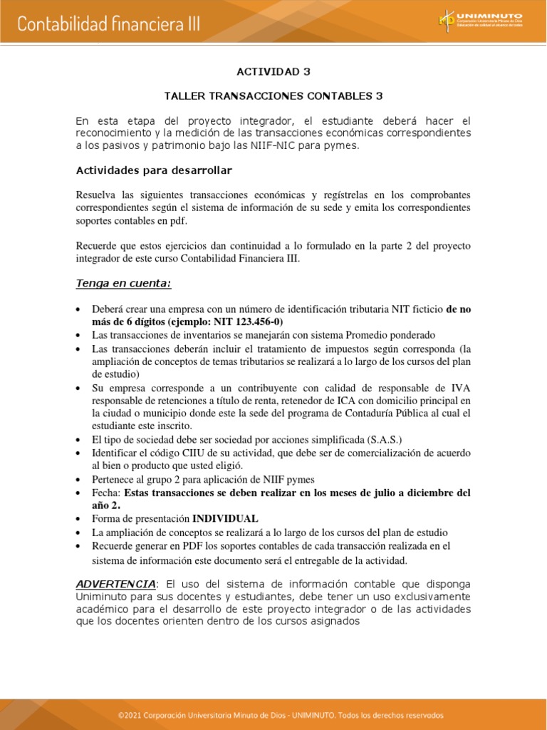 Taller de Transacciones Contables 3 | PDF | Contabilidad | Pequeñas y ...