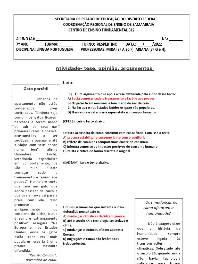 Atividades sobre Tese e Argumentos | PDF | Gatos | Jogos Olímpicos