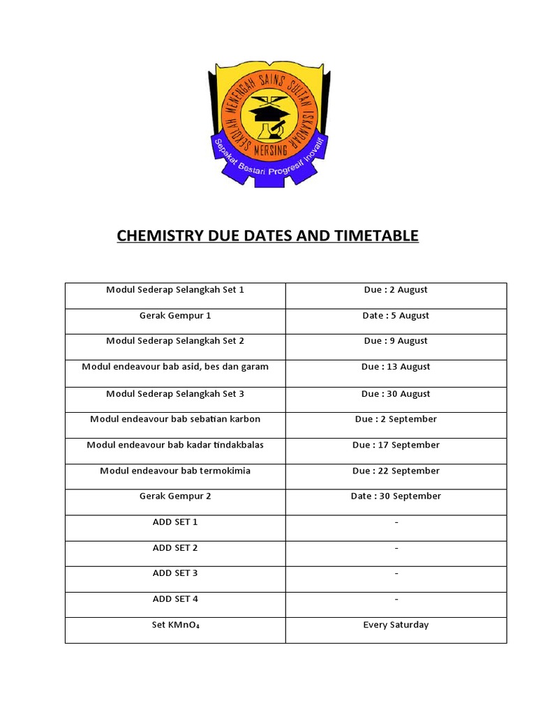 Chemistry Due Dates and Timetable | PDF