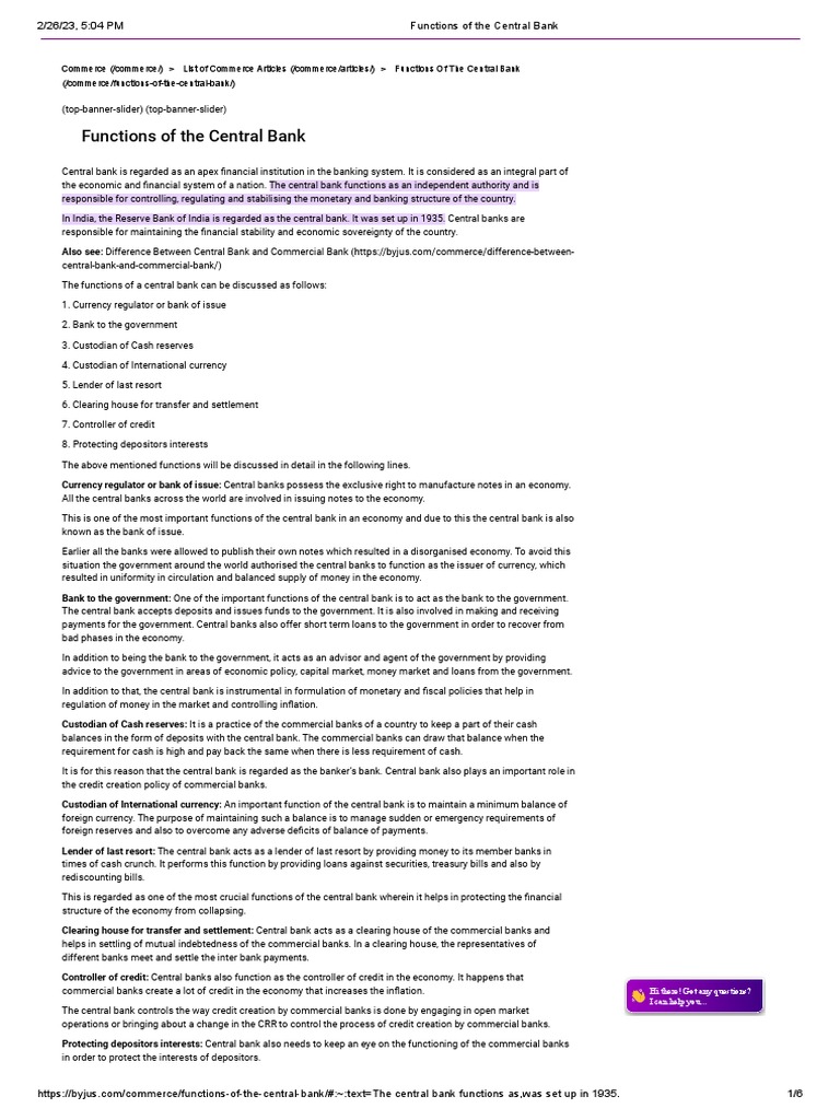 Functions of The Central Bank | PDF | Central Banks | Money
