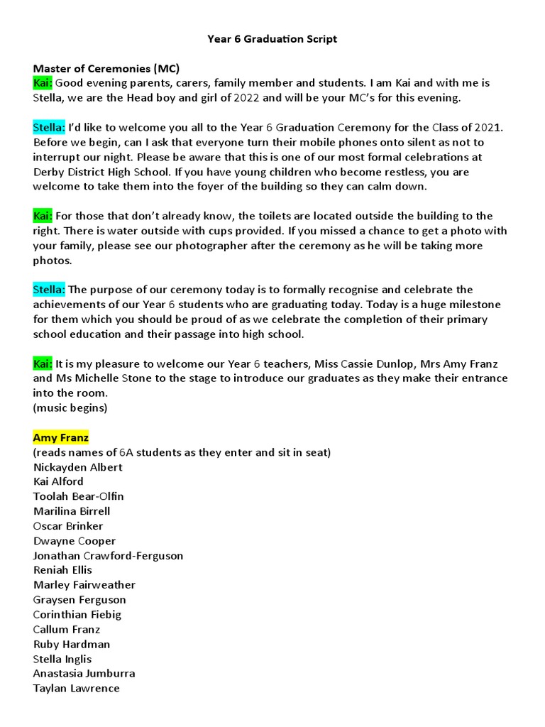 Year 6 Graduation Ceremony Script | PDF | Courage | Psychology