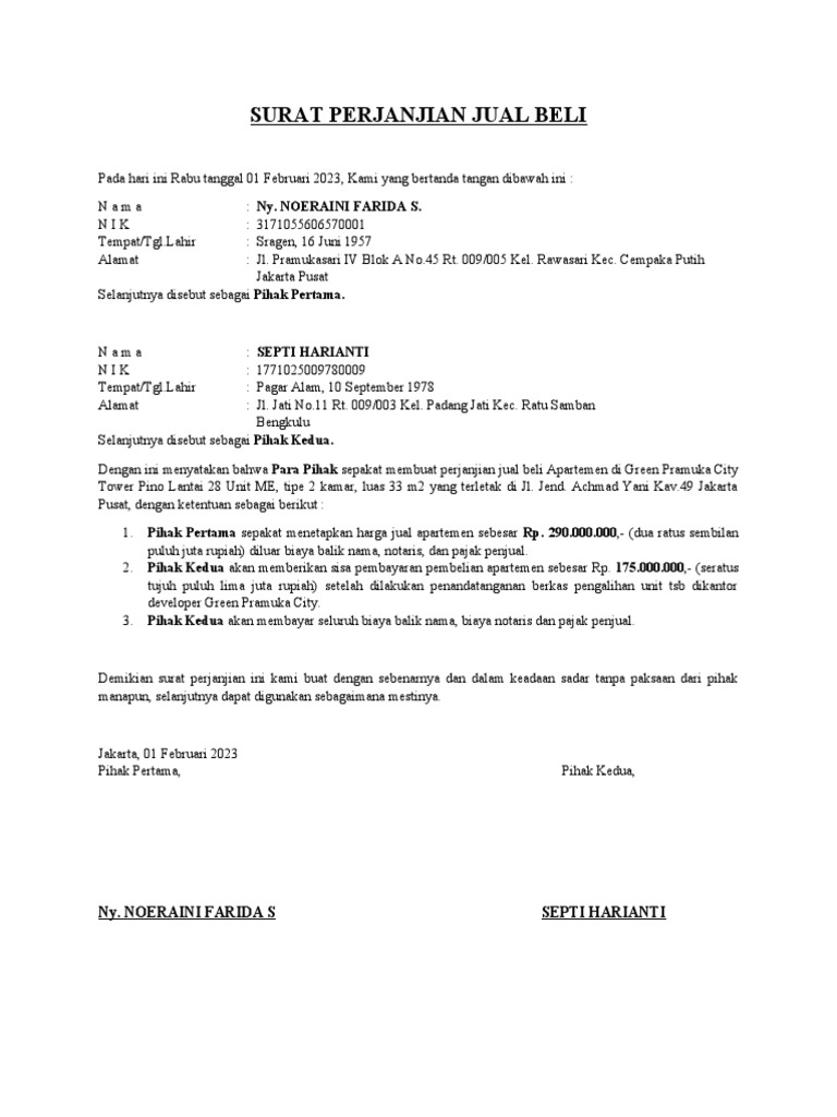 Perjanjian Jual Beli Apartemen | PDF