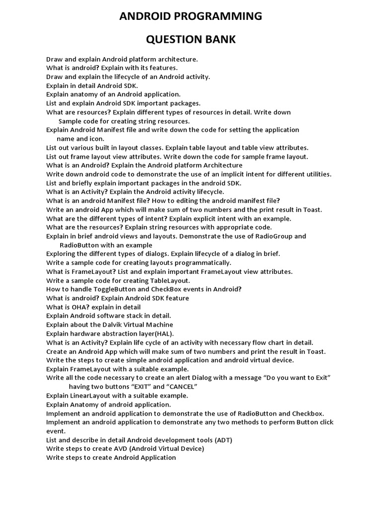 Mid Semeter Exam Question Bank | PDF | Android (Operating System ...