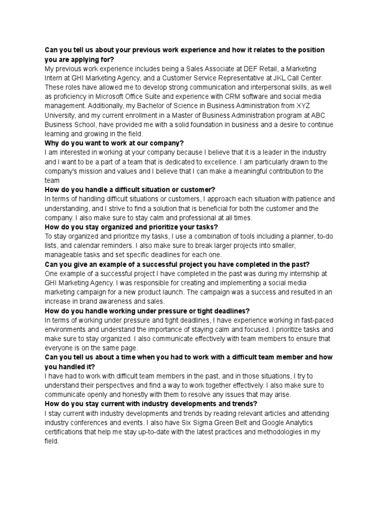 Mock interview possible questions pdf marketing customer