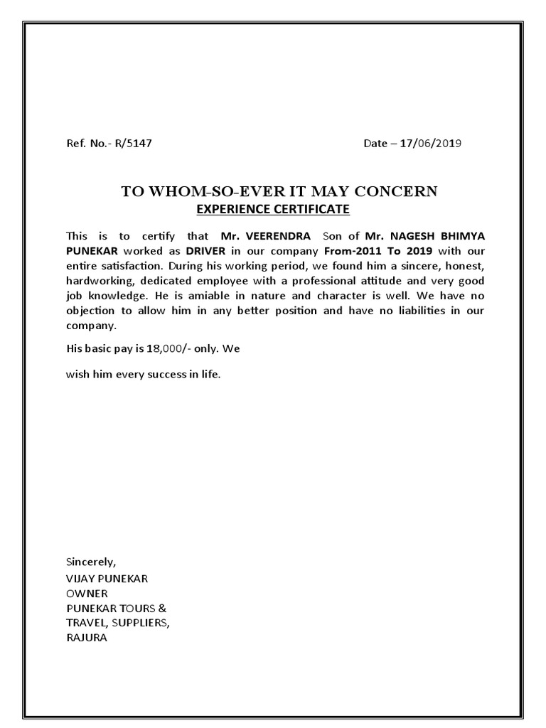 Driver Experience Certificate - Veerendra | PDF