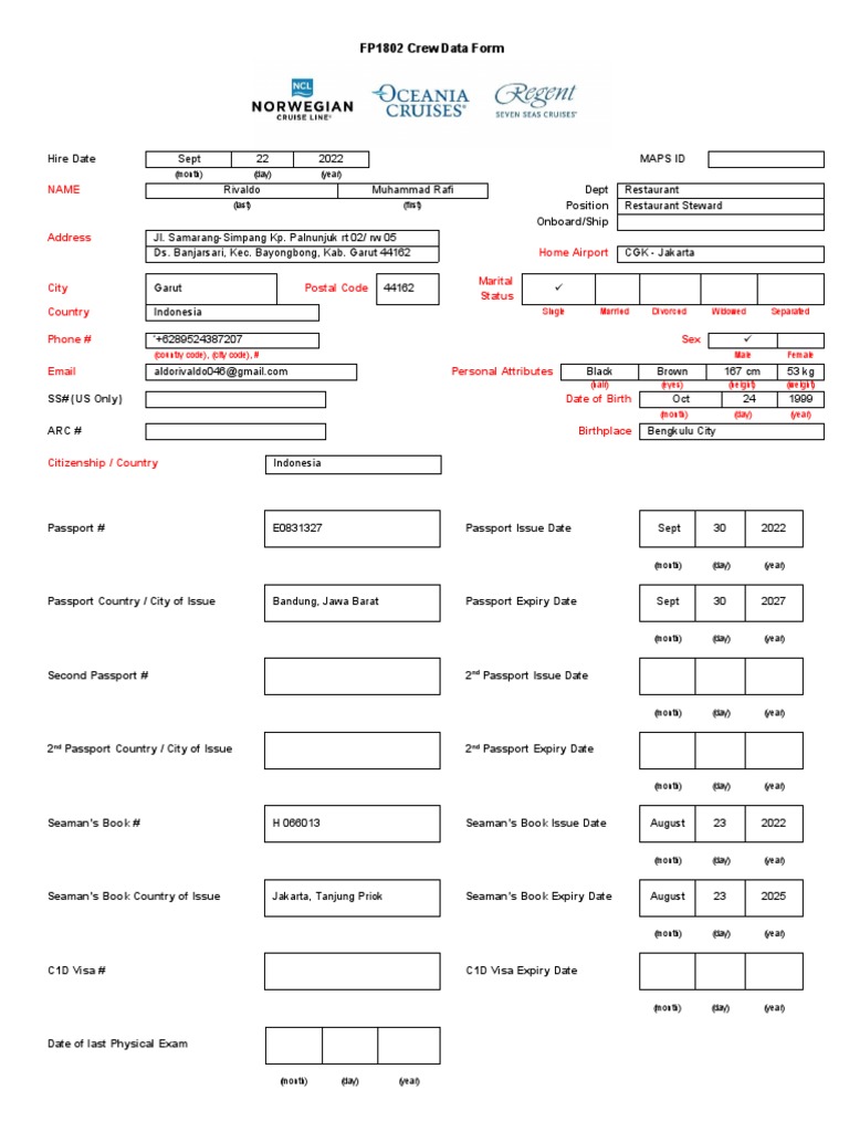 Crew Data Form for NCL Application | PDF | National Security ...