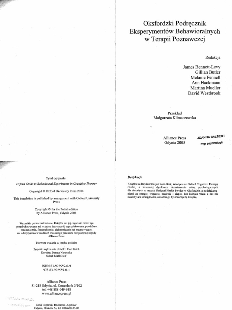 Oksfordzki Podręcznik Eksperymentów Behawioralnych W Terapii Poznawczej PDF