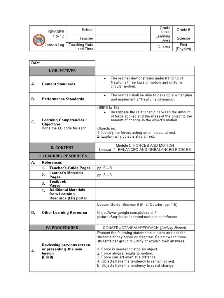 Grade 8 Science: Forces and Motion Lesson | PDF | Force | Mass