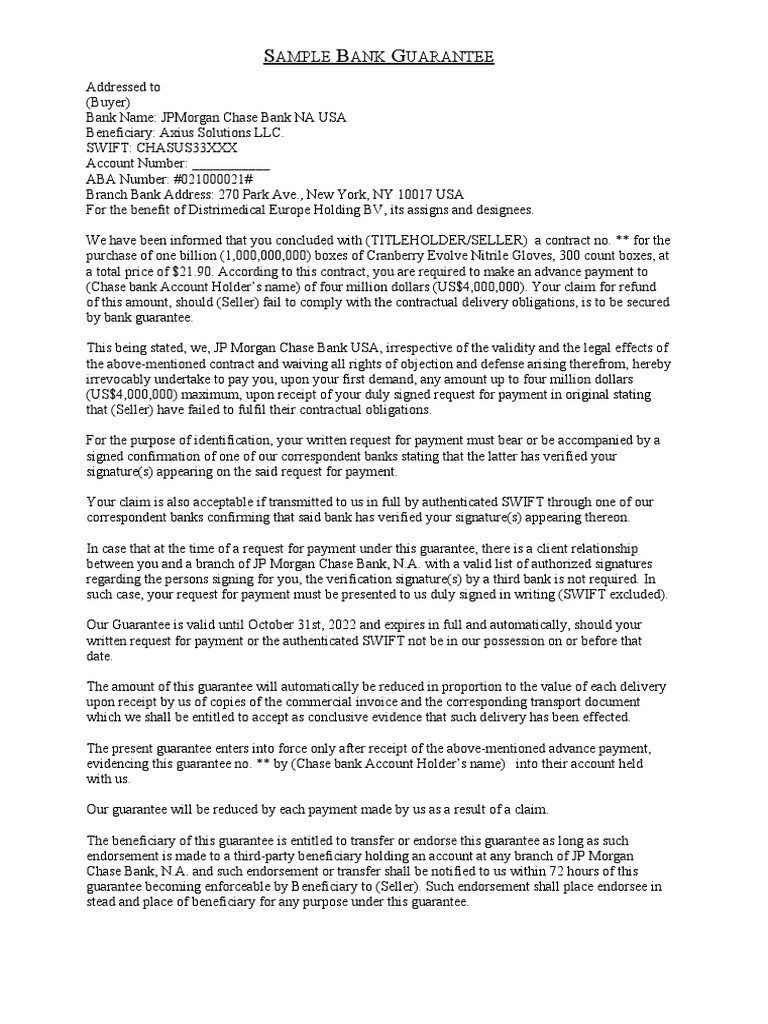 Bank Guarantee Sample PDF Guarantee Payments