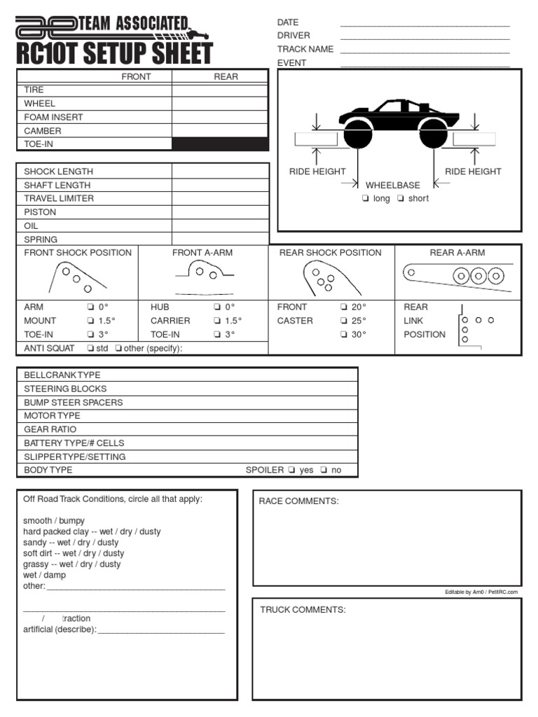 RC10T EditableSetupSheet | PDF | Business | Technology & Engineering