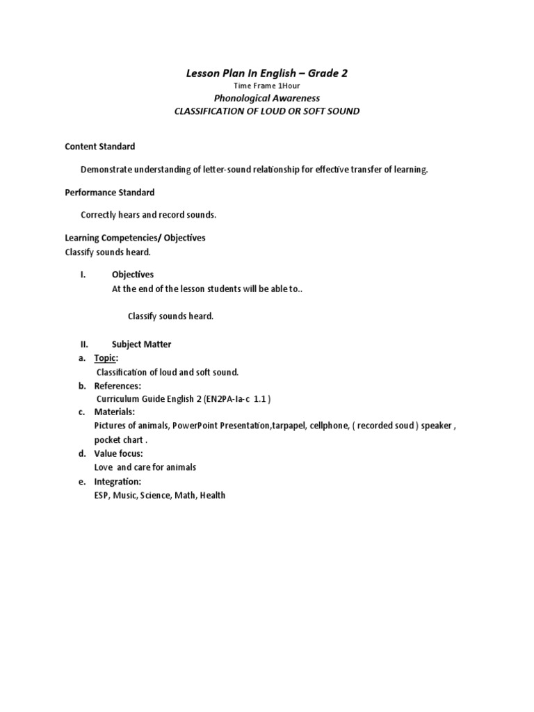 Grade 2 Lesson Plan: Sound Classification | PDF | Lesson Plan ...