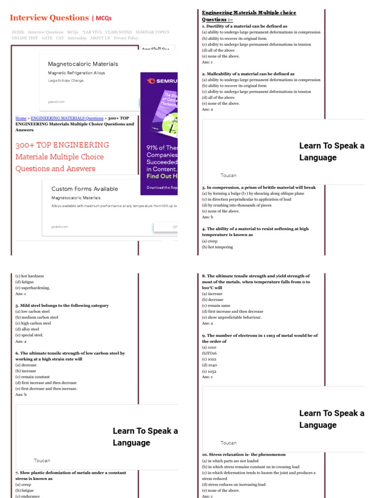 300+ TOP ENGINEERING Materials Questions and Answers PDF PDF Steel Cast Iron