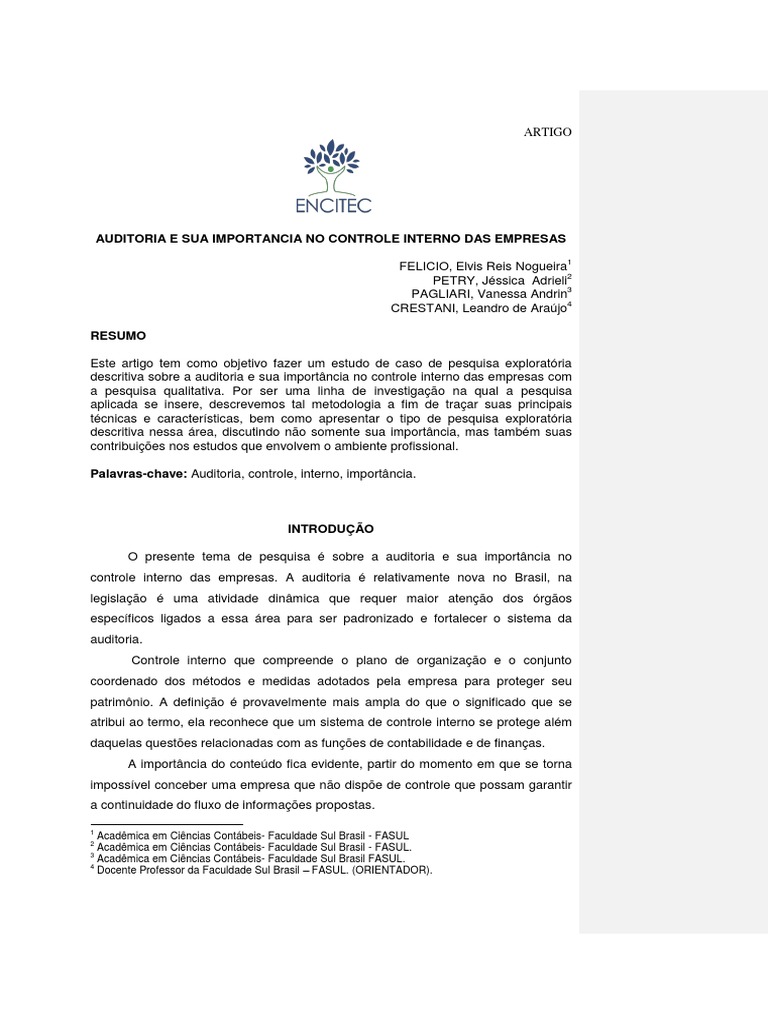 Importância da Auditoria no Controle Interno | PDF | Contabilidade ...