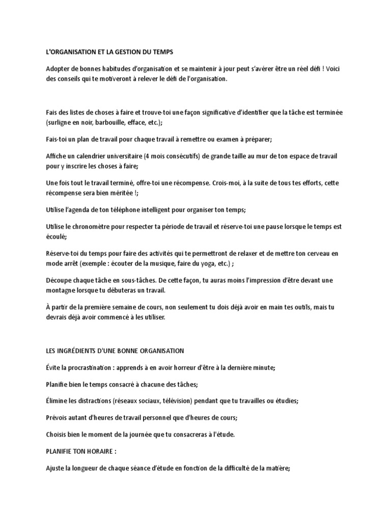 Organisation et Gestion du Temps Examen | PDF | Lexique | Mémoire
