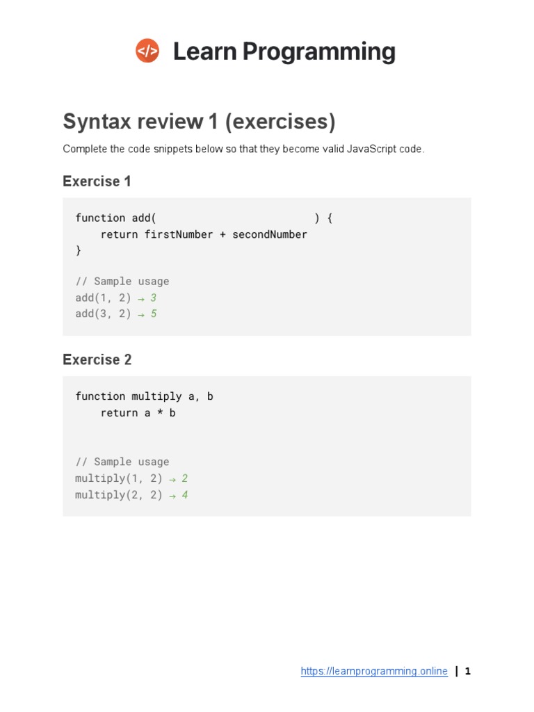 JavaScript syntax exercises - complete code snippets | PDF