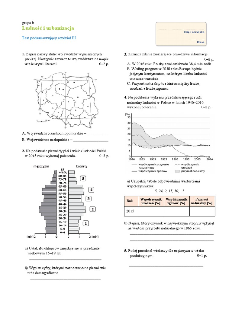 Ludność I Urbanizacja Sprawdzian Nowa Era J. Bednarczyk Geografia Klasa VII B Ludność I Urbanizacja - Test PDF | PDF