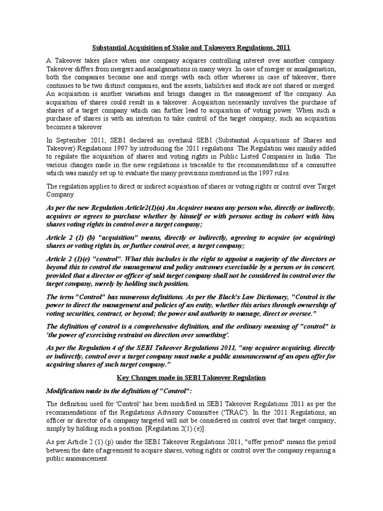 SEBI Takeover Regulations Overview 2011 | PDF | Takeover | Stocks