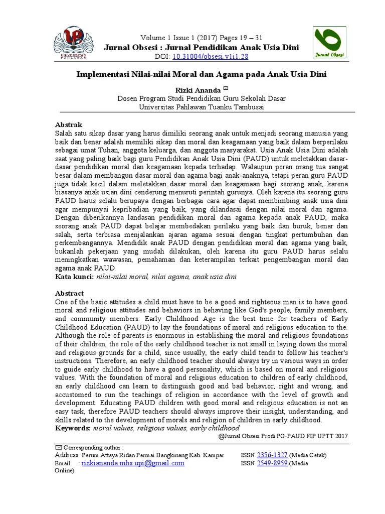 Implementasi Nilai Nilai Moral Dan Agama Pada Anak Pdf