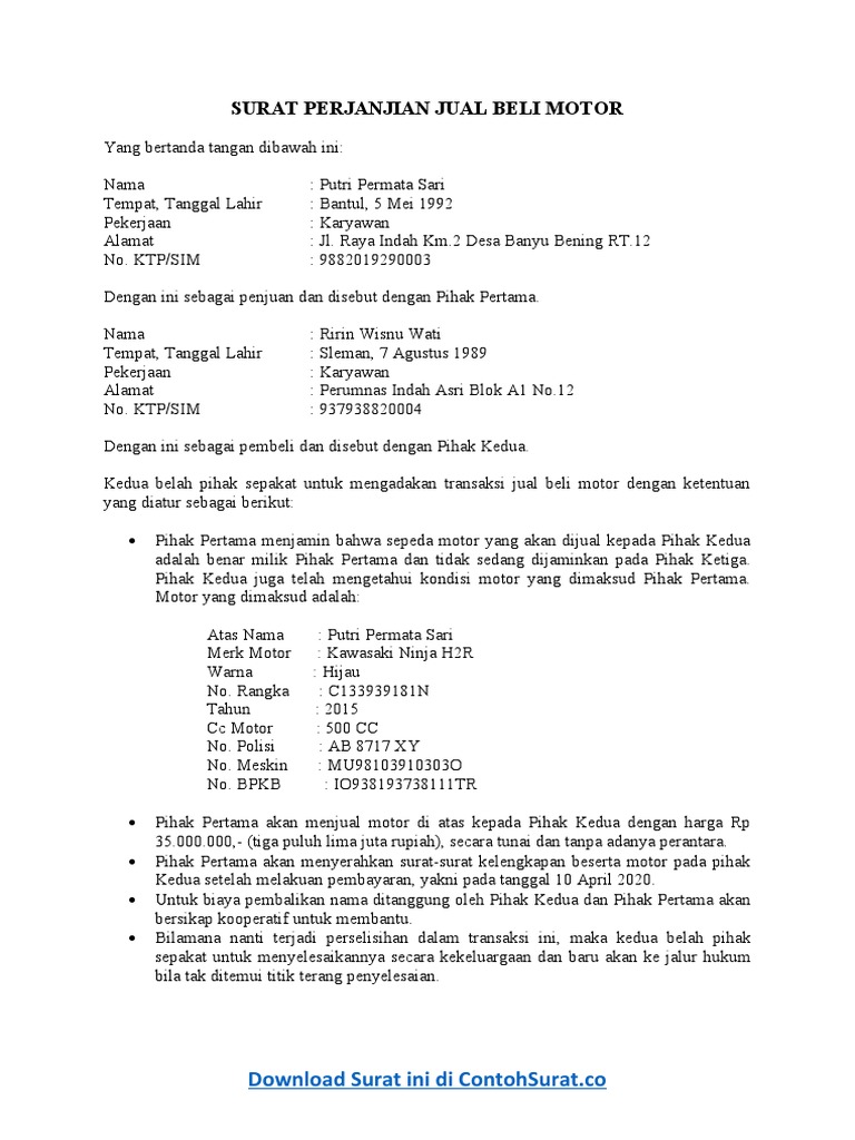 638 Contoh Surat Perjanjian Jual Beli Motor Pdf