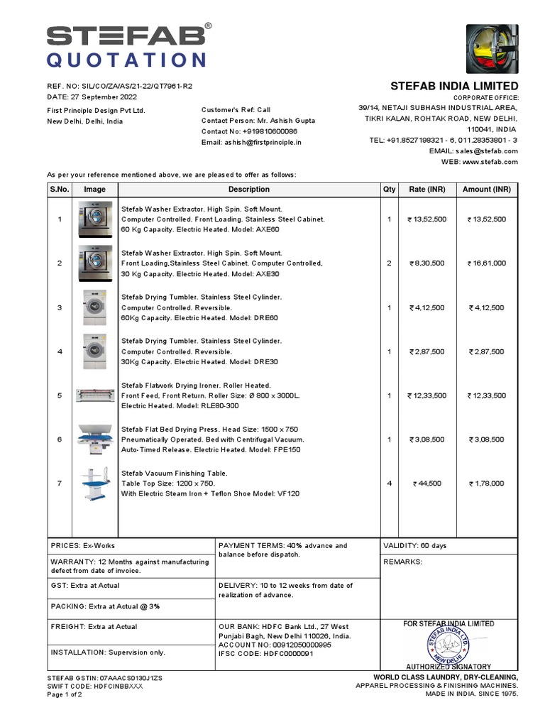 Stefab India Ltd. Quotation for Laundry Equipment | PDF | Manufactured ...