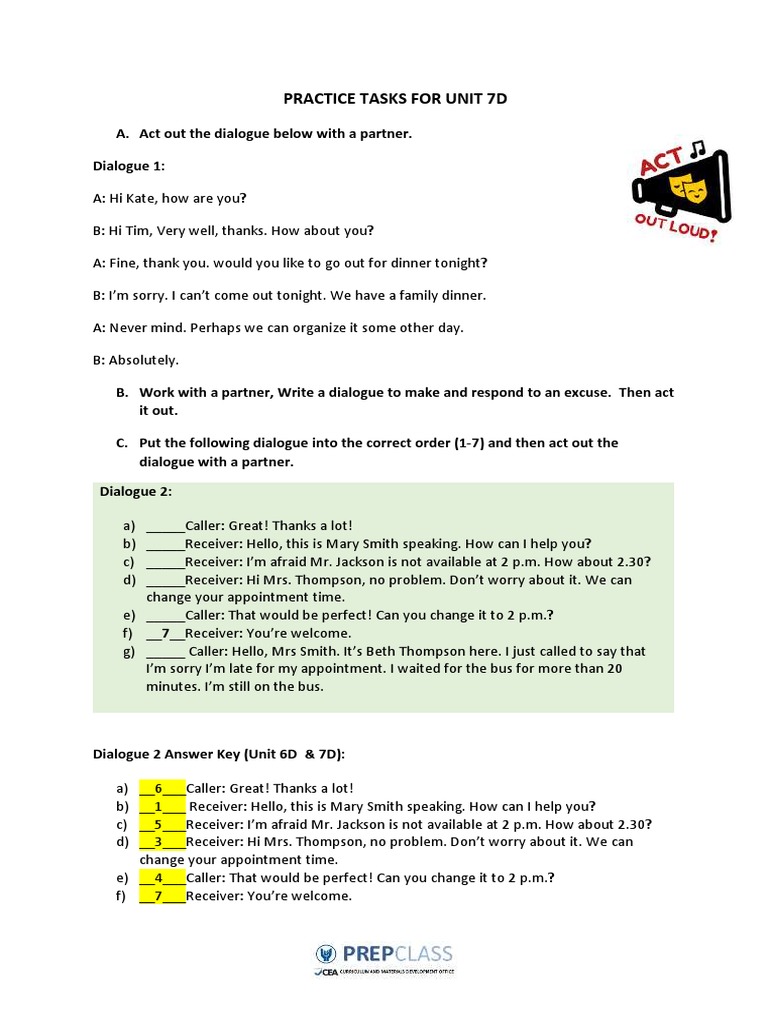 Unit 7D Dialogue Practice Tasks | PDF