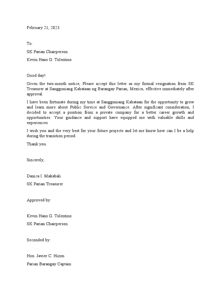 SK Treasurer Resignation Letter Sample | PDF