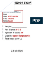 Trabajador: - Fecha de Ingreso: Registro o #De Fotocheck: Ocupación: Área de Trabajo: SUPERFICIE