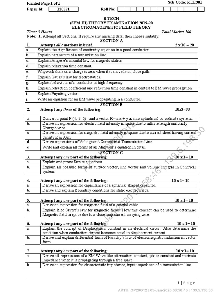 B.Tech Electromagnetic Field Theory Exam | PDF | Transmission Line ...