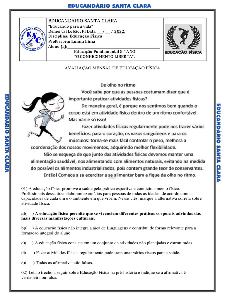 Avaliação de Educação Física 5º Ano | PDF | Educação Física | Física
