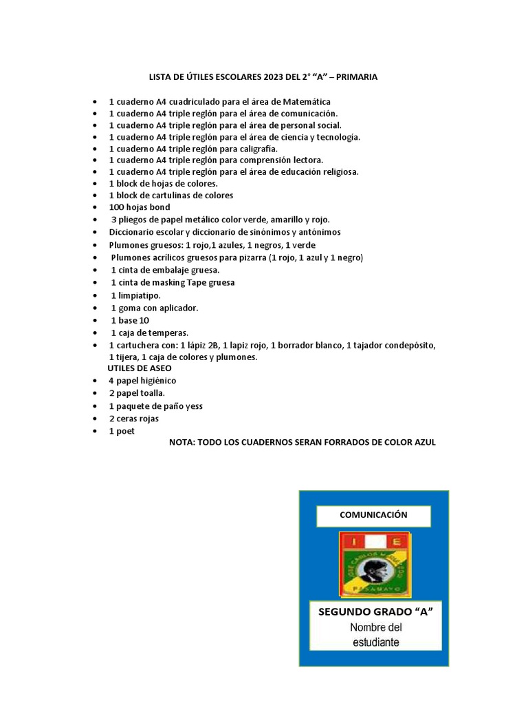 Lista de útiles escolares 2° grado 2023 | PDF | Cuaderno | Papelería