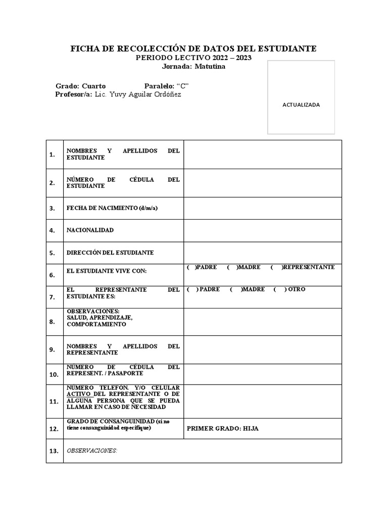 Ficha De Recolección De Datos Del Estudiante Pdf