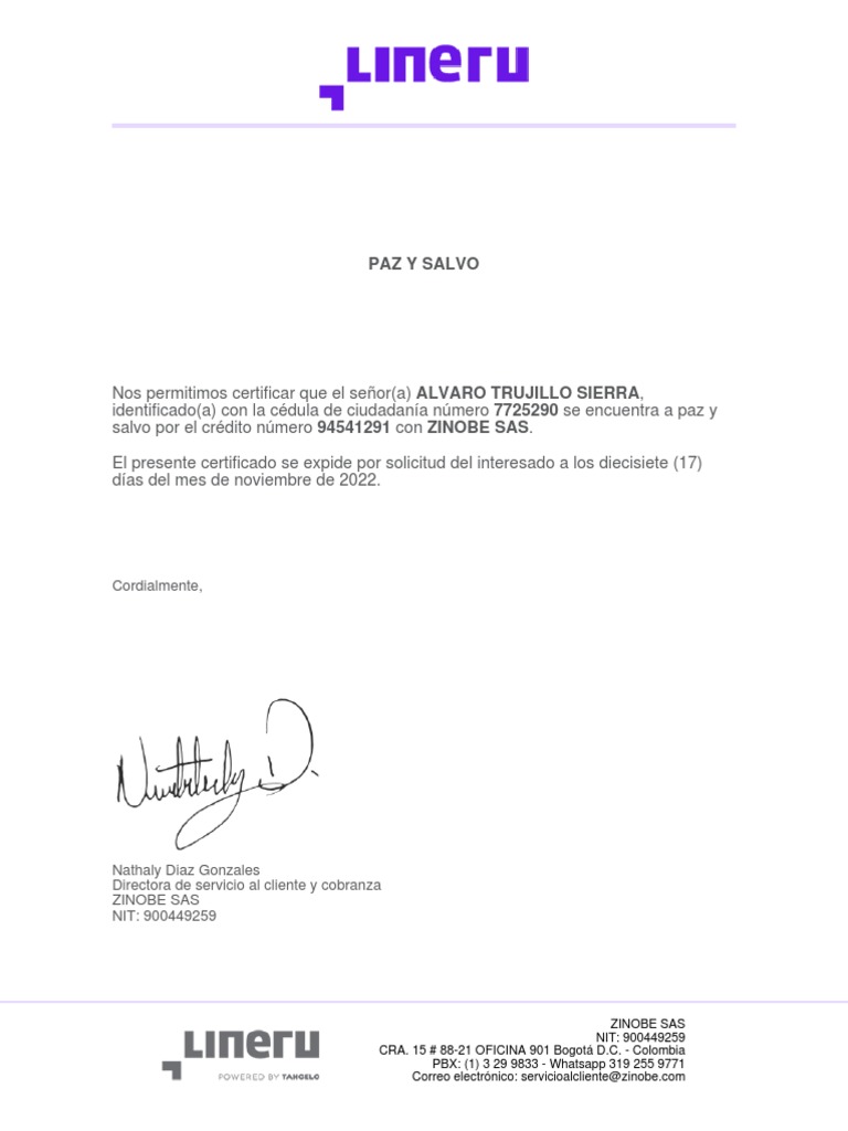 Certificado de Paz y Salvo ZINOBE SAS | PDF