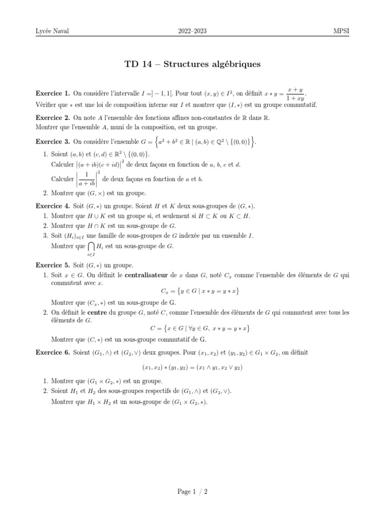 Cours et exercices sur structures algébriques | PDF | Groupe ...