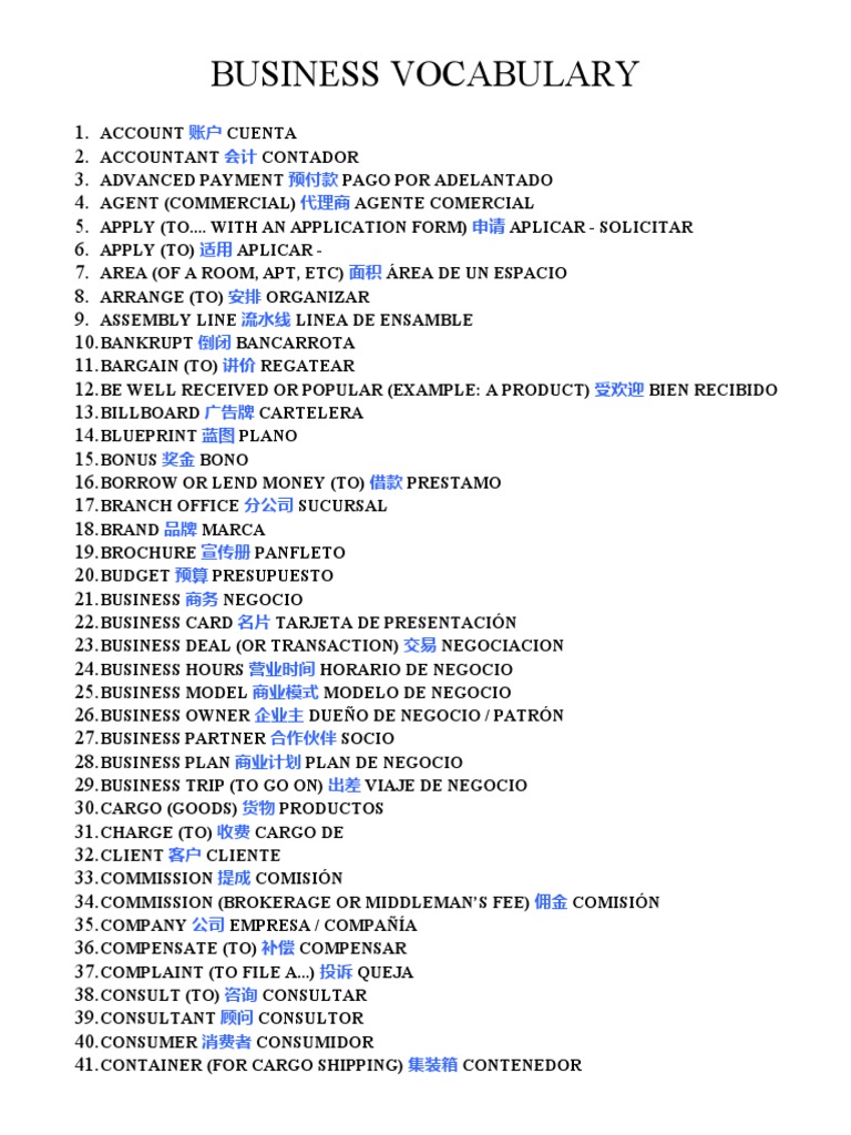 Business Vocabulary With Spanish PDF Gross Domestic Product Economies