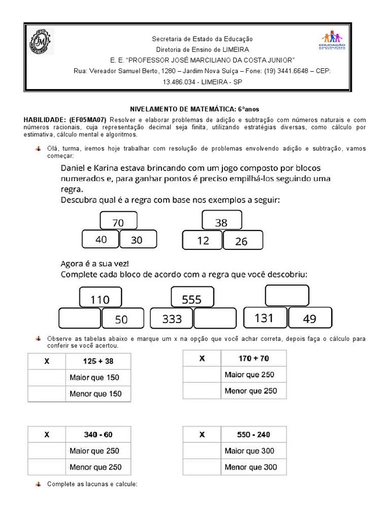 1 Nivelamento 6 Anos Ef05ma07 | PDF | Matemática
