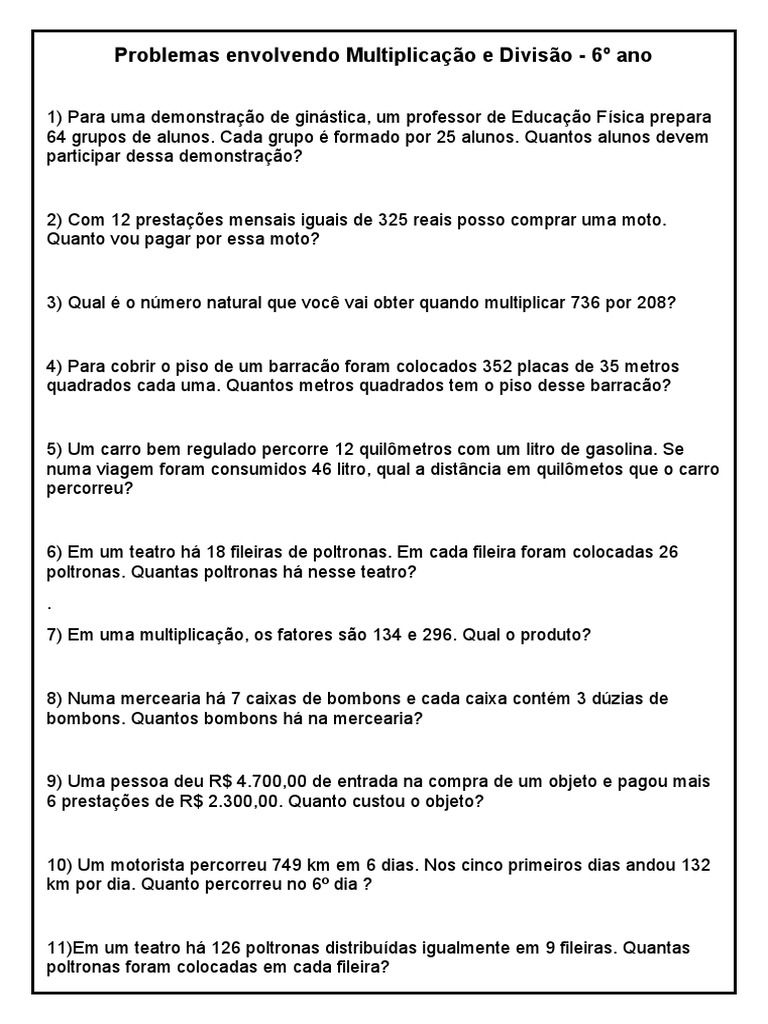 Problemas de Multiplicação e Divisão 6º Ano | PDF | Jogos e Atividades