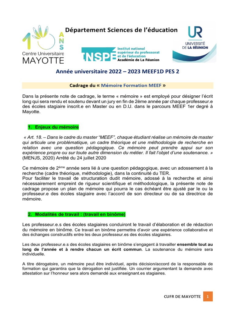 Cadrage du Mémoire MEEF 1er Degré | PDF | Plagiat