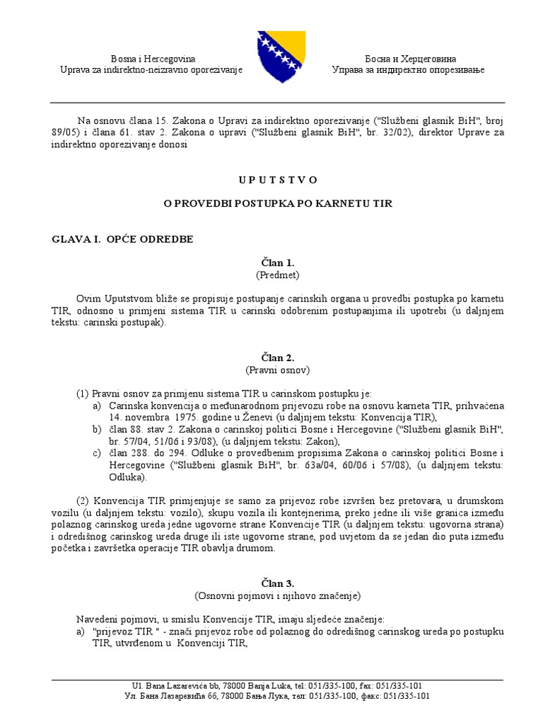 47 Uputstvo o Provedbi Postupka Po Karnetu TIR (Službeni Glasnik BiH ...