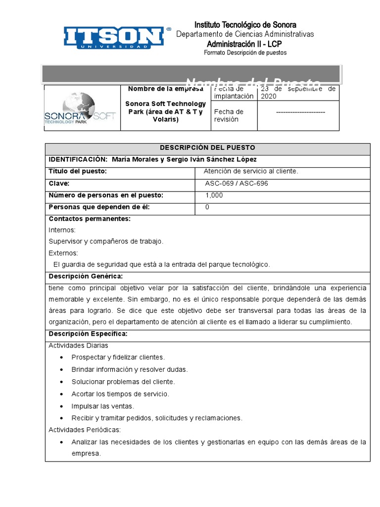 Formato Descripción de Puestos | PDF | Servicio al Cliente | Cliente