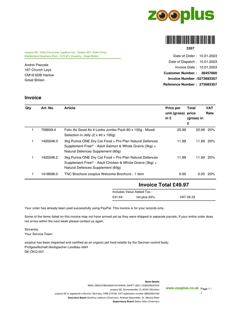 Zooplus Invoice Order 273683357 PDF PDF Invoice Value Added Tax