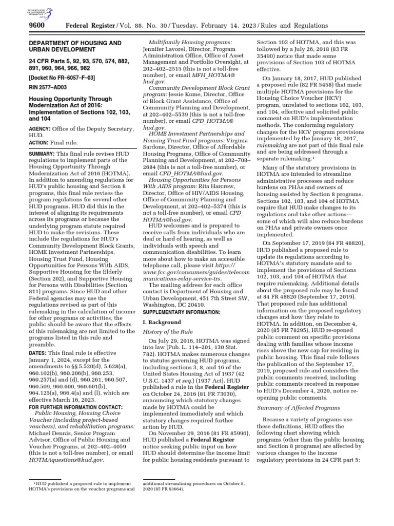 HOTMA Implementation Final Rule | PDF | Rulemaking | Section 8 (Housing)