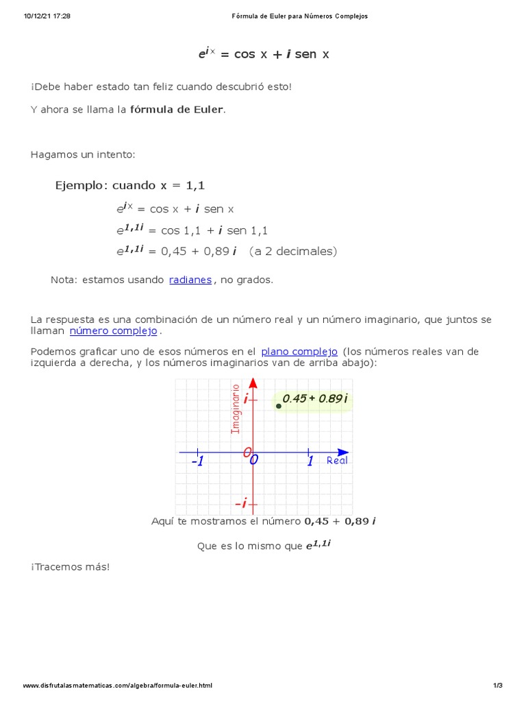 F rmula de euler para n meros complejos pdf n mero complejo