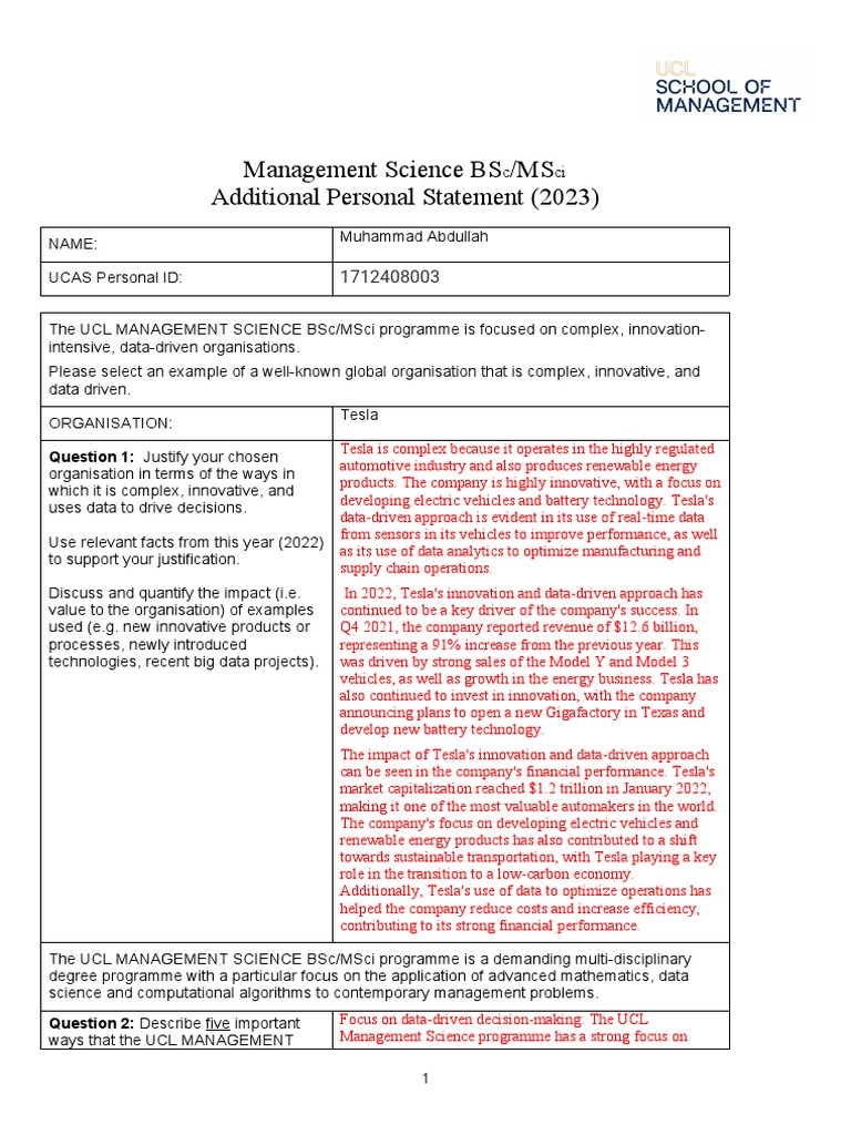 ucl management science additional personal statement